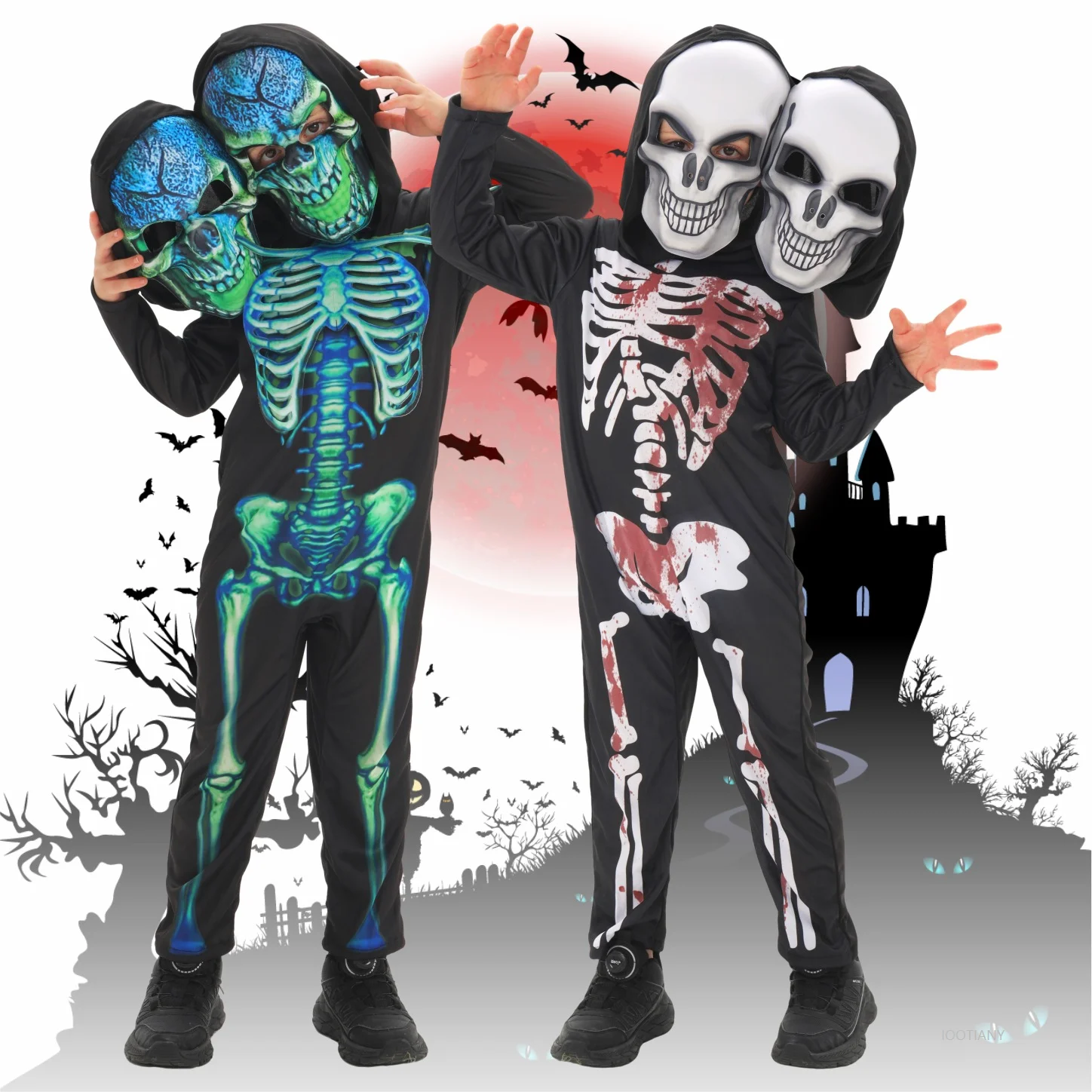 

Halloween Carnival Party Double Head Mask Skull Suit Costume Children's Horror Stage Performance Prank Ghost Skeleton Jumpsuit