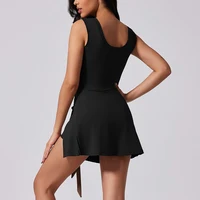 Boat Neck Tennis Dress Golf Dress for Women with Buit-in Short Sleeveless Backless Sarong Wrap Active Dress Workout Romper Dress - Image 2