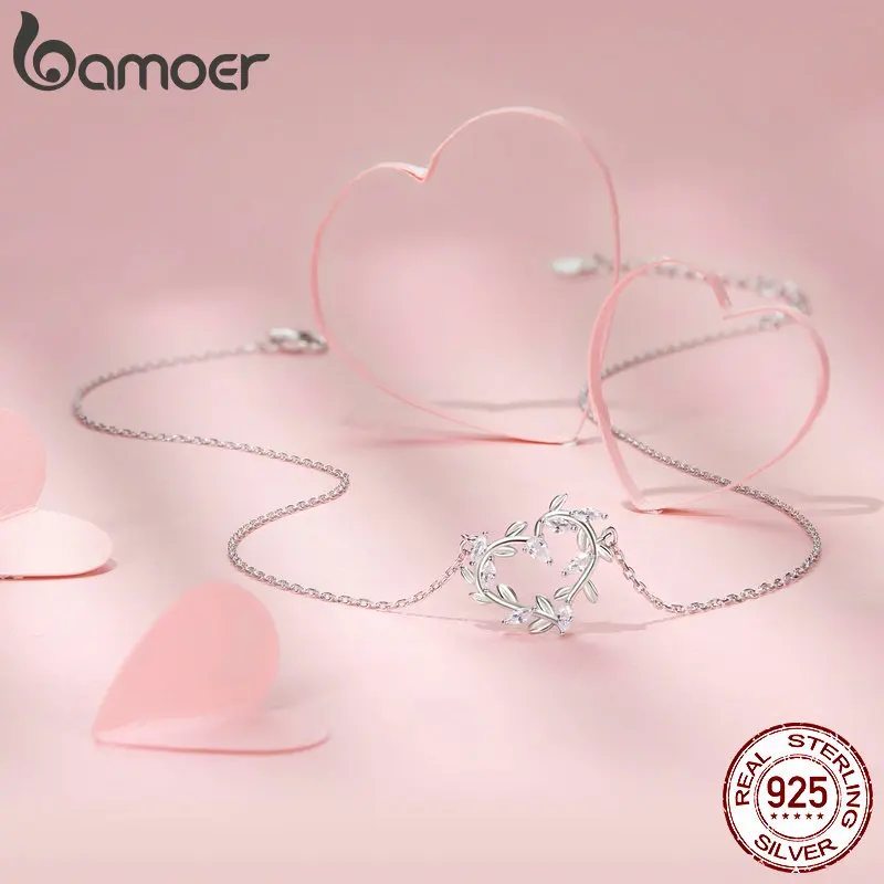 BAMOER White Gold Plated Infinite Love Necklace for Women, 925 Sterling Silver Leaves Heart Necklace BSN386