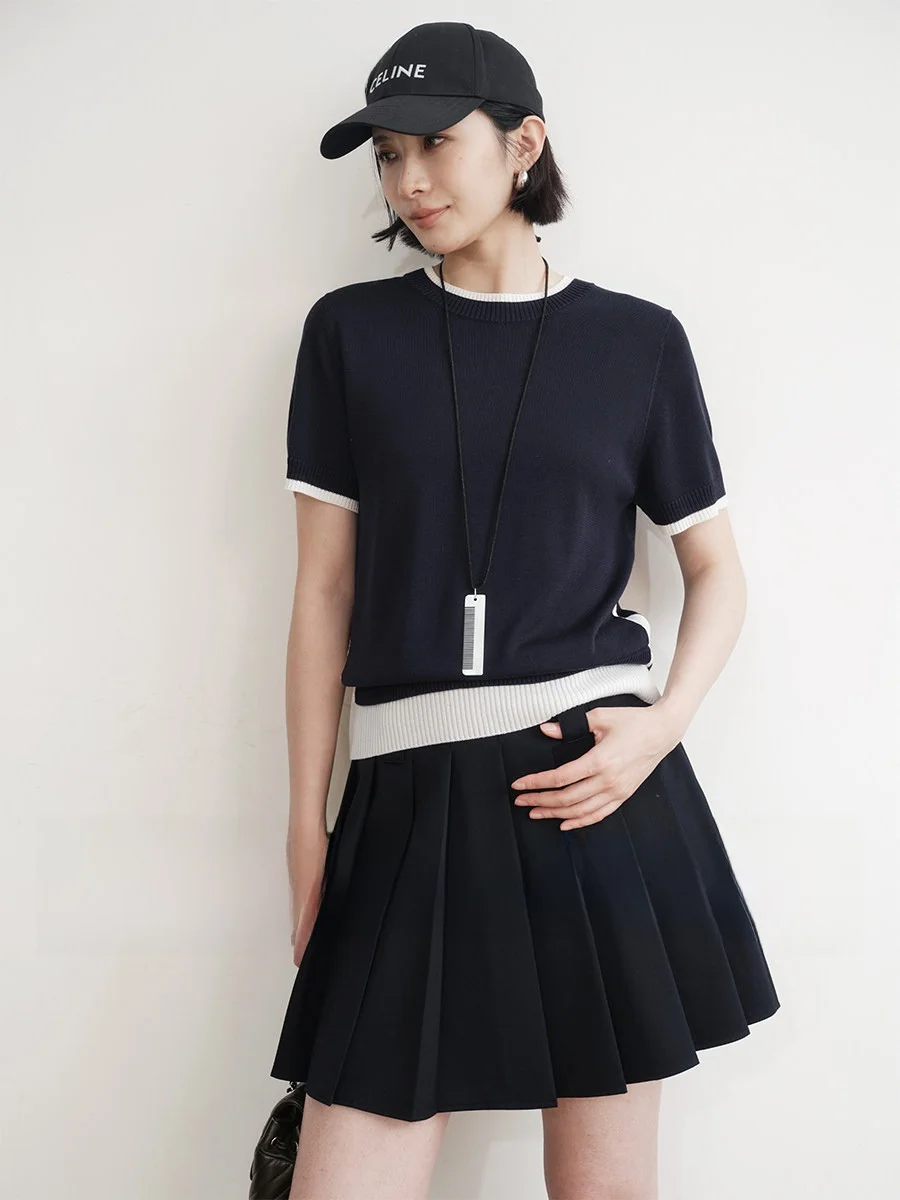 

Amyy Studios Layered Design Knitted Short Sleeve round Neck Top Fake Two-Piece Color Block Commute Style Standard Fit T-Shirt