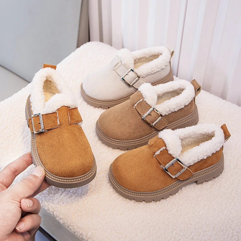 Kids Winter Shoes Plush Thicken Warm Girls Boots Retro Suede Low Top Cotton Shoes Soft Anti Slip Snow Boots Flat Casual Shoes