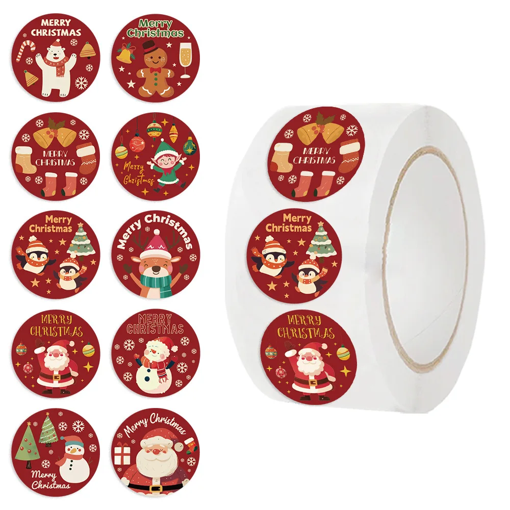 500Pcs Christmas Stickers Roll, Cute Cartoon Animal Xmas Labels, Red Santa Reindeer Snowman Adhesive Tags for Gift Wrapping