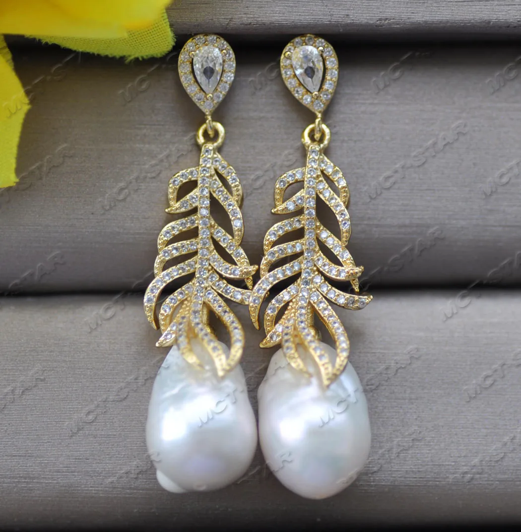 Z12088 16mm White Baroque Drop Edison Keshi Pearl Dangle Earring Feather CZ