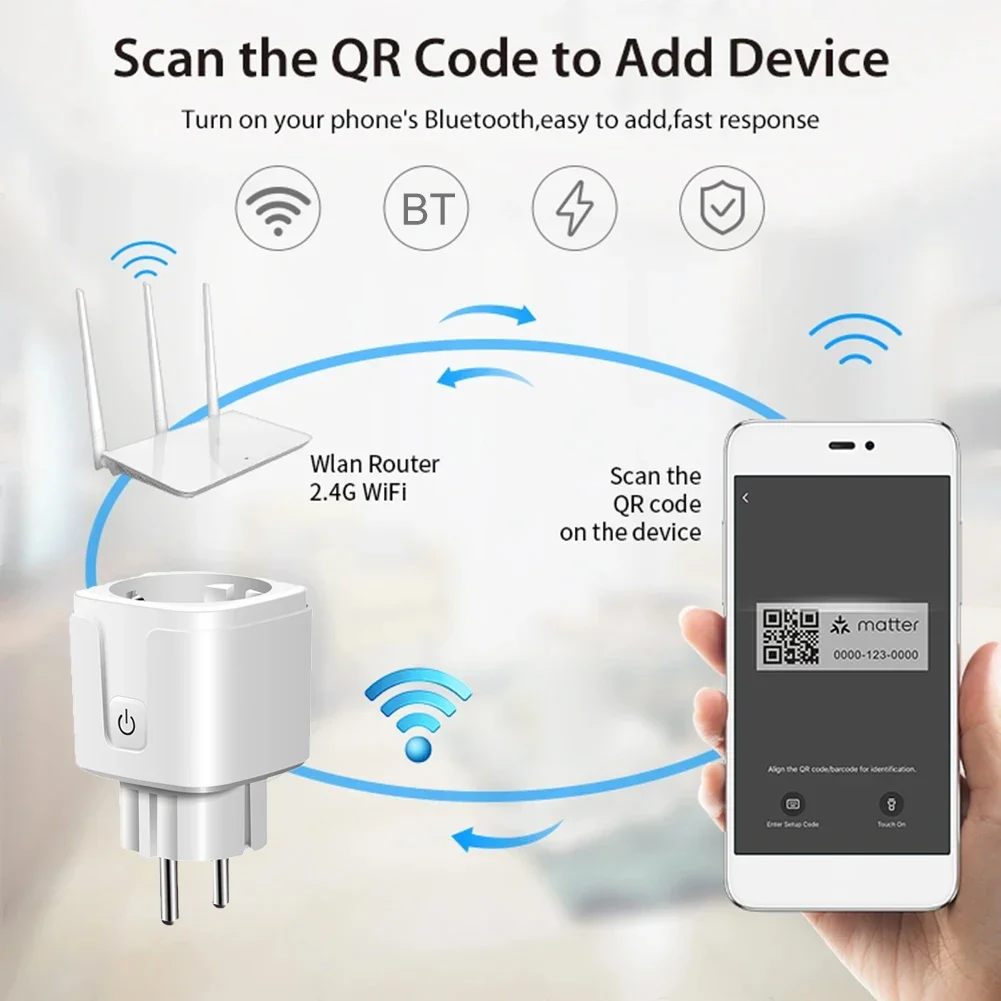 Matter Wifi Smart Socket 16A EU Plug Power Adapter Home Appliance Outlet Works with Homekit Siri SmartThings Alexa Google Home