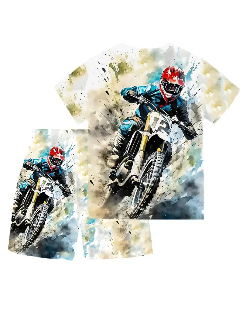 

Miniso Sports Car Summer Children's Short Sleeved Shorts Set 3d Printed T-Shirt For Boys Trendy Cool Clothes Child Party Girls