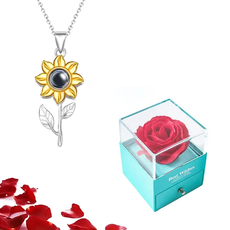 

Custom Color Photo Projection Necklace Sunflower Pendant Stainless Steel Chain With Rose Gift Box For Women Birthday Gift