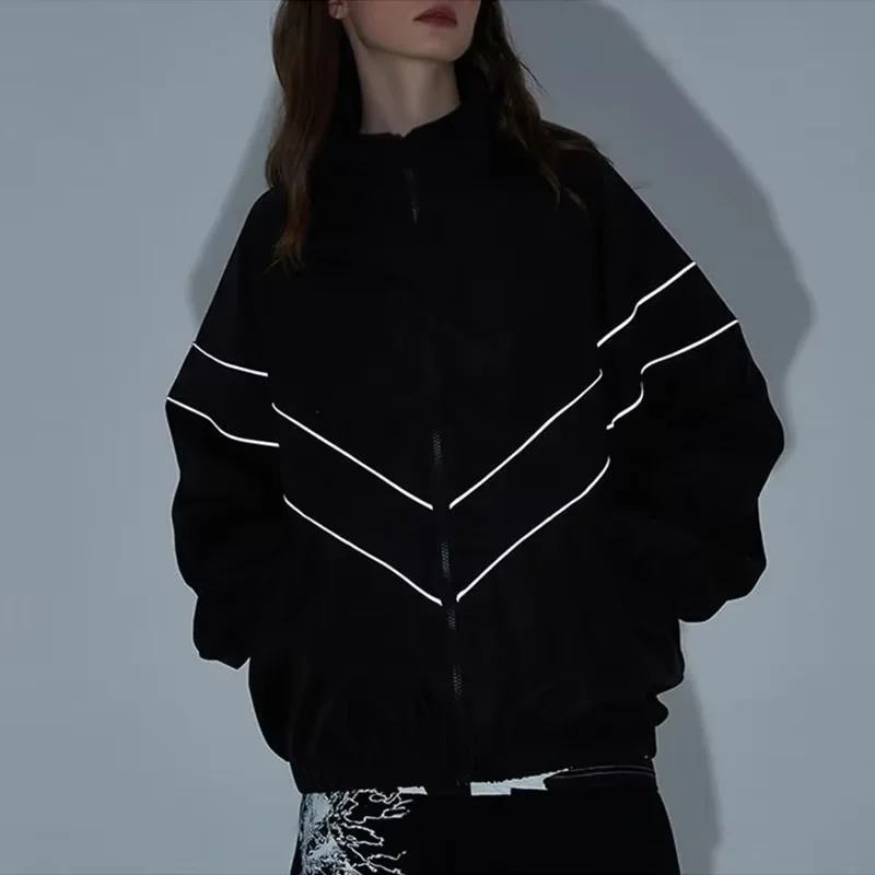 Reflective Stripes Men‘s Jacket Black Windbreaker Coats Spring Autumn Outdoor Windproof Waterproof Night Riding Zipper Jackets