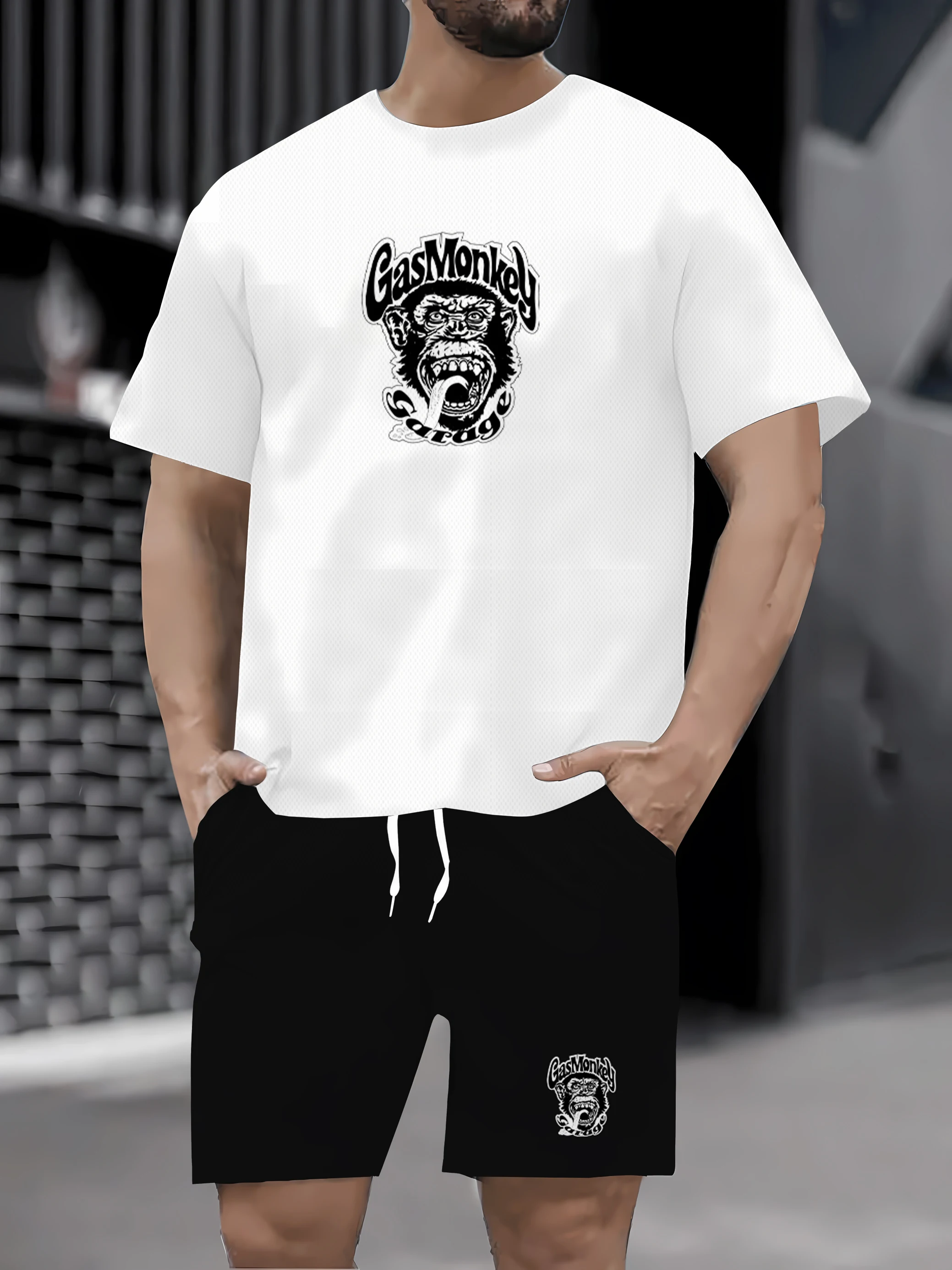 

2024 urbano rua moda tendência masculina em torno do pescoço manga curta conjunto ao ar livre casual simples impresso topo mascu