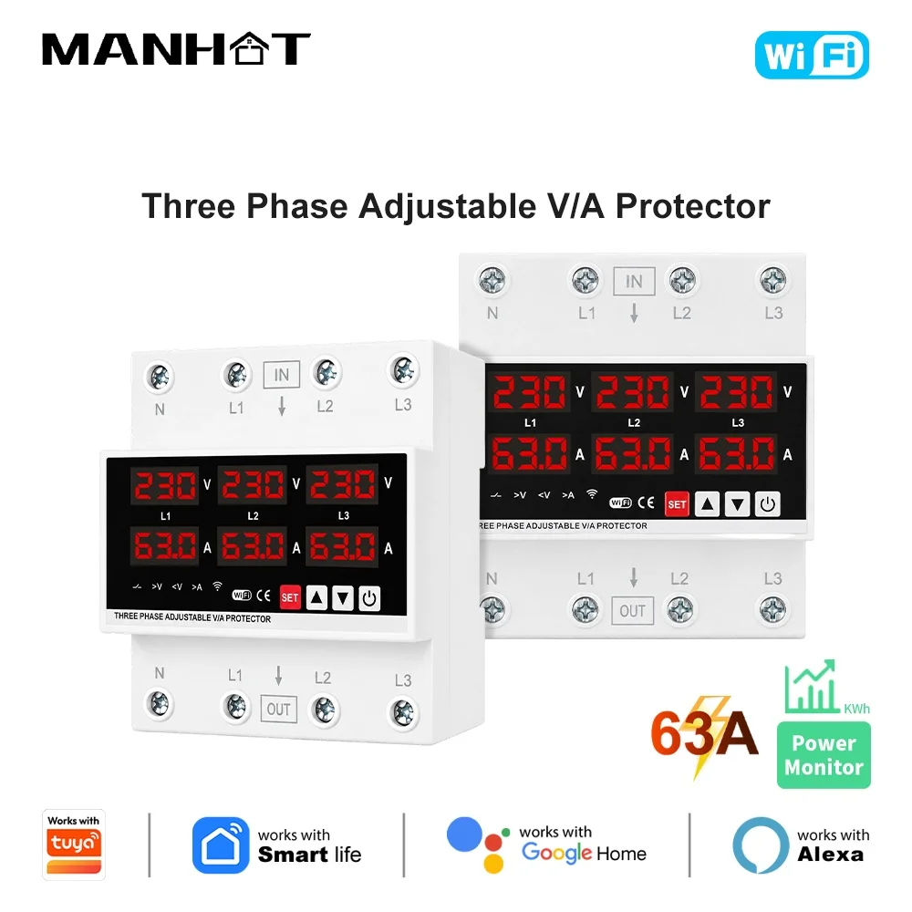 Manhot WIFI 63A 3 Phase 4P+N DIN Rail Smart Circuit Breaker Switch Automatic Reclosing Over/Under Voltage Protection Smart Home