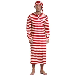 Mens Christmas Striped Sleep Robe with Hat Set Long Sleeve Loose Long Robes Pajamas Sissy Male Nightwear Loungewear Sleepwear