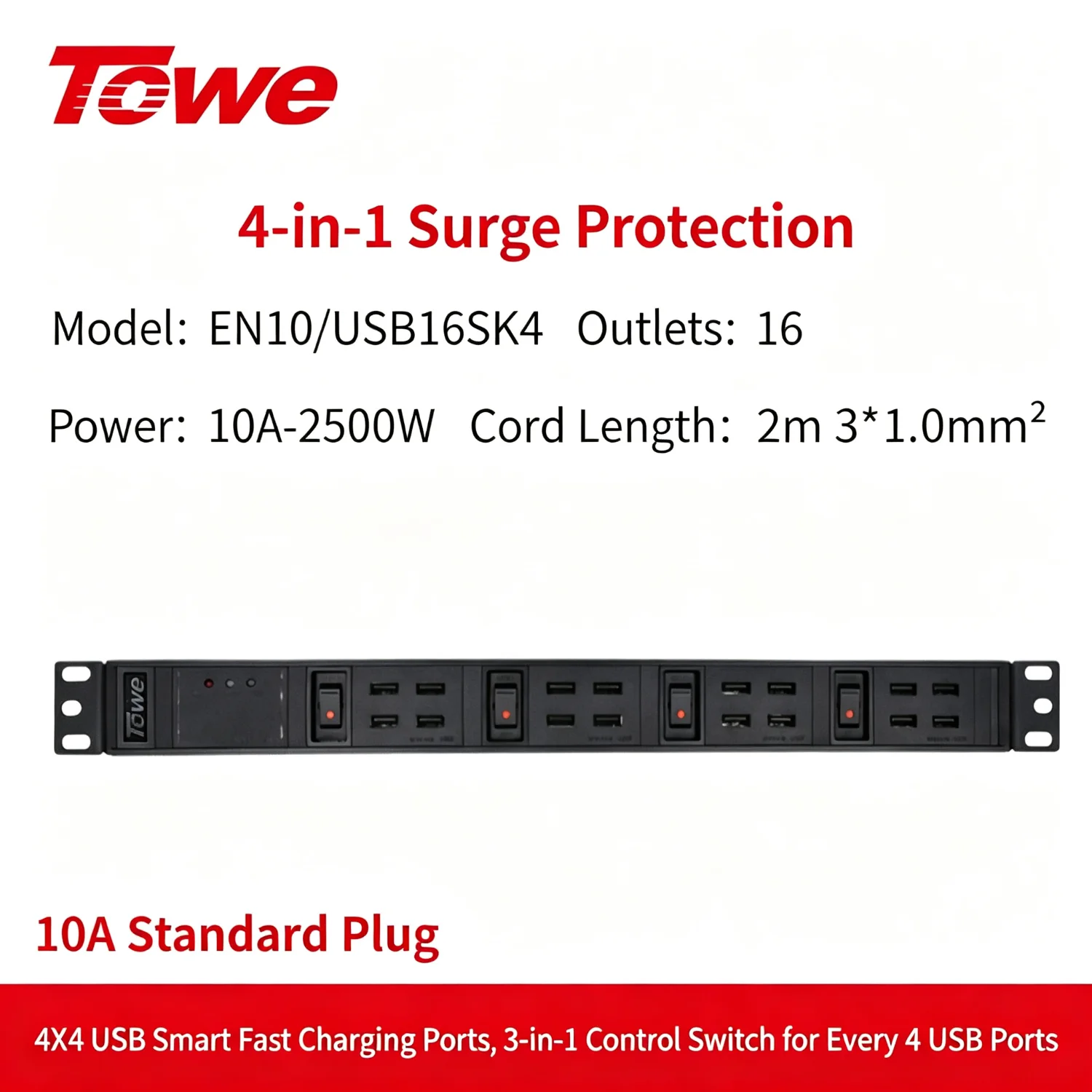 Towe 16 Port USB Power Distribution Unit 1U Rack Mount Charging Station with 4 Independent Switches Surge Protection