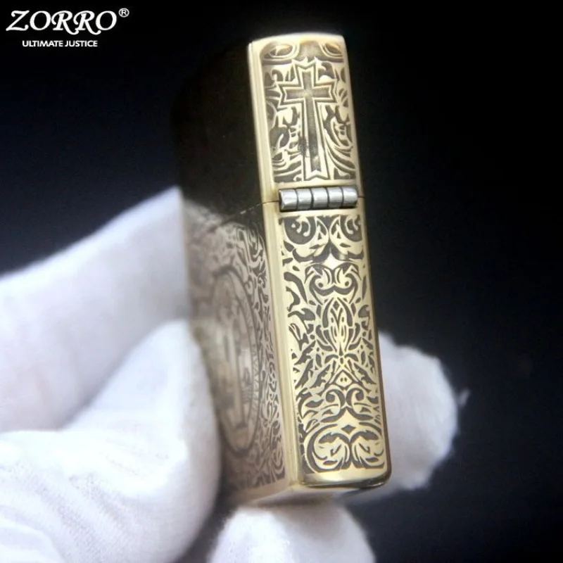 Zorro Metal Retro Brass Kerosine Lighter Old-fashioned Grinding Wheel Lighter Five-Side Engraved Original Copper Collection Gift