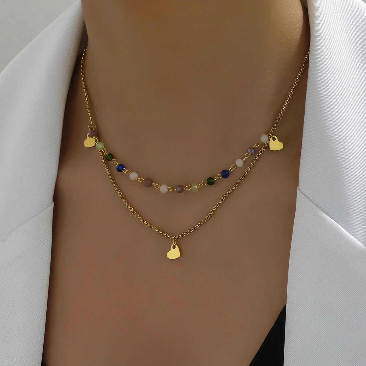 Fashionable Stacked Double-Layer Hollow Heart And Cat Eye Stone Necklace Women's Light Luxury Temperament Collarbone Chain Gift