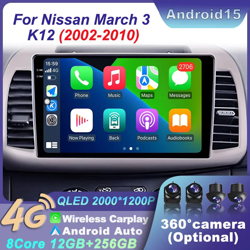 Carplay Android 15 player Car Navigation Wireless BT 2K Screen Multimedia Stereo Auto Radio For Nissan March 3 K12 2002-2010 GPS