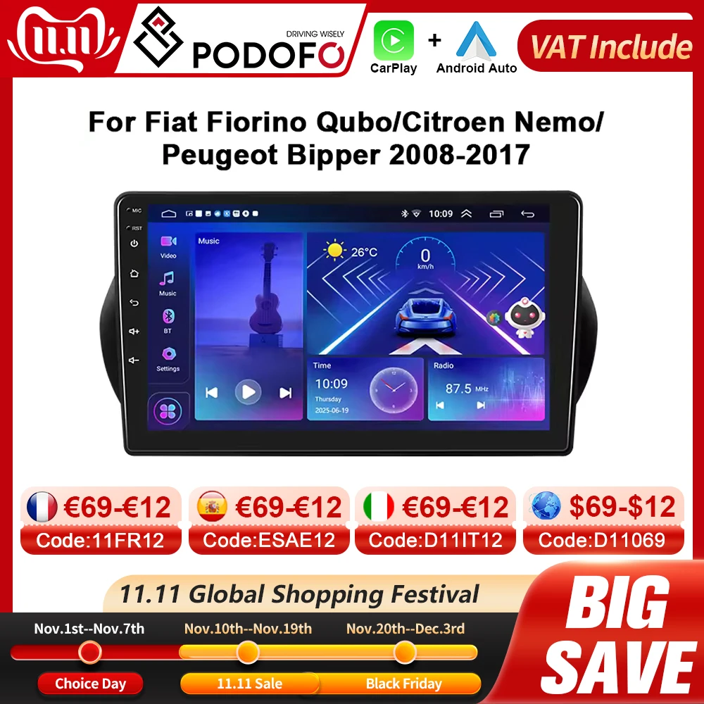 Podofo 4G CarPlay راديو السيارة الاندورويد لشركة فيات فيورينو كوبو/سيتروين نيمو/بيجو بيبر 2008-2017 ستيريو 2din نظام تحديد المواقع رئيس راديو السيارة #1