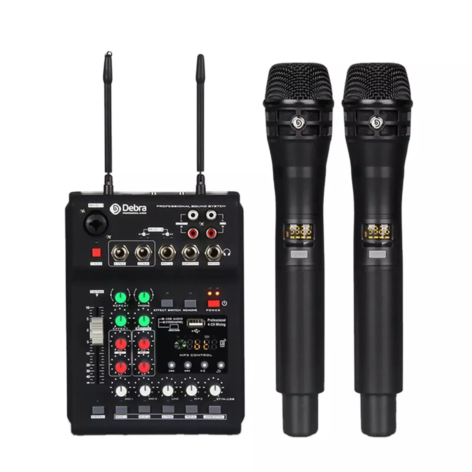 

Wireless Microphone Audio UHF Dual Channel Audio Mixer Set with USB BT5.0 Reverb for Smartphone Recording Karaoke KTV