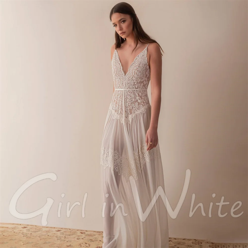 الدانتيل البوهيمي طول الأرض شاطئ بوهو ألف خط فستان الزفاف المخصص مع العميق الخامس الرقبة novia فيستدو الزفاف زي العرائس مثير