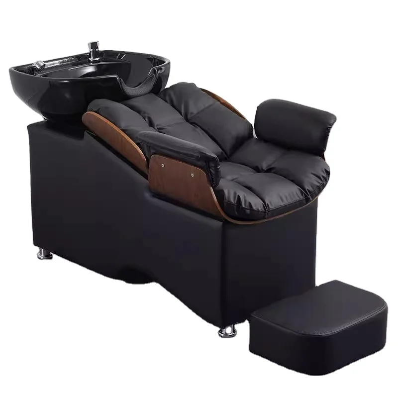 

Modern Style Black Curved Wood Shampoo Bed Comfortable Salon Flush Bed For Barbershop