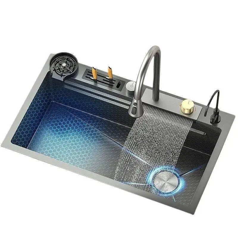 

Digital Display Kitchen Sink Single Bowl Honeycomb Technology Raindance Waterfall Design Farmhouse Style Brass Valve Cup Washer