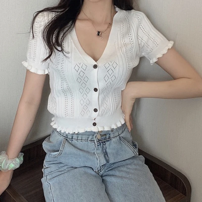 Button Up Frilly Knit Crop Top Short Sleeve Cardigan Tops Summer Women Teen-girl Y2K Aesthetic Outfit