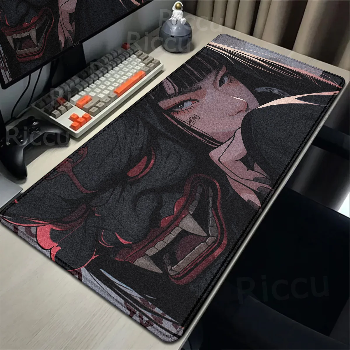 Anime Mask Girl Gaming Mousepad Gamer Professional Keyboard Desk Mats Oni Devil Lock Edge Mouse Pad XXL HD Print Non-slip Carpet