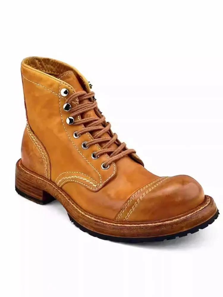 Vintage Work Men Horsehide Genuine Leather Motorcycle Boots Lace Up High Top Shoes High Quality Handmade Cargo Platform Boots