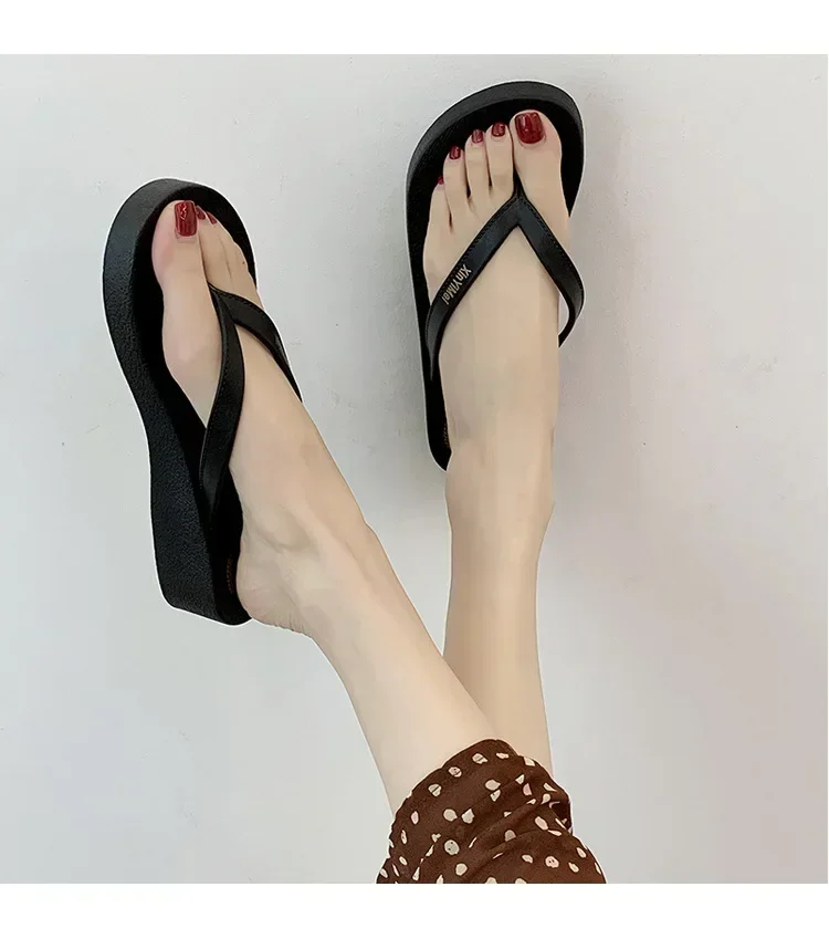 Fashion Casual Women Flip Flops Wedges Casual Shinny Beach 3.5 Cm Height PVC Solid Color Summer Outside Slippers Soft Shoes