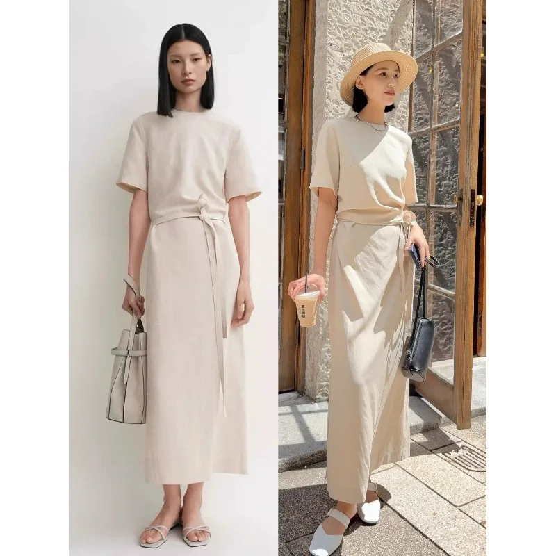 فستان بأكمام قصيرة للنساء في شمال أوروبا، بسيط وكسول للتنقل، مع طيات وتنورة طويلة بأربطة، خريف 2025 #1