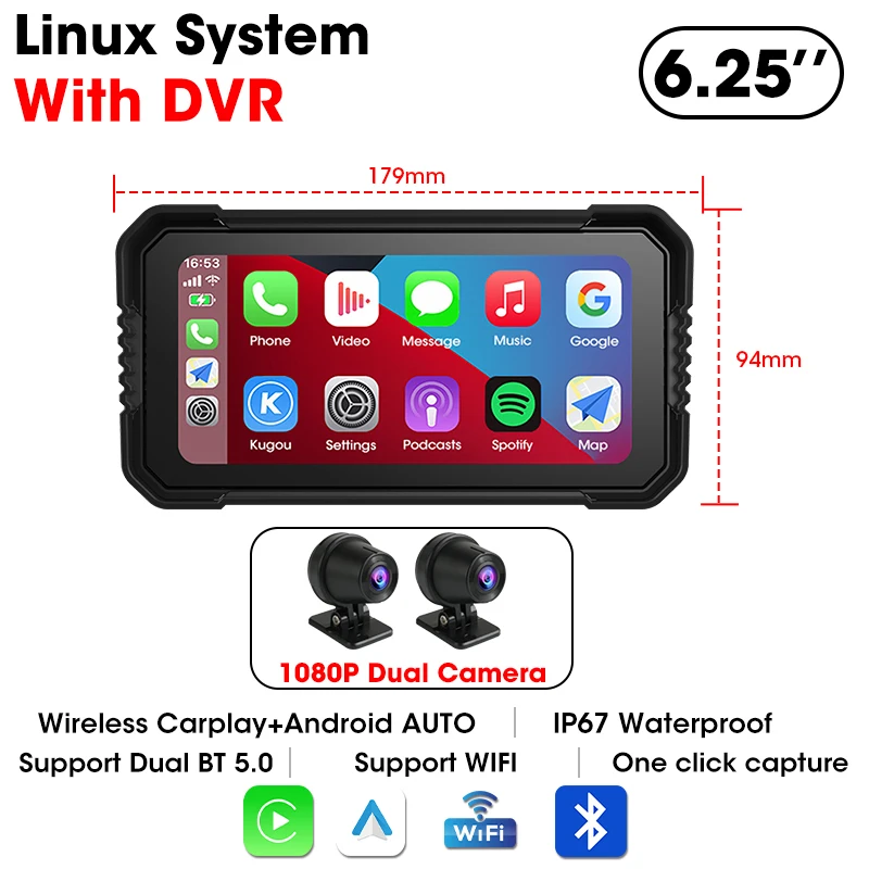 Jansite Draagbare 6.25" Motor GPS-navigatie Draadloze Carplay Android Auto DVR Drive Recorder Moto Monitor IPX7 Waterdicht - afbeelding 1