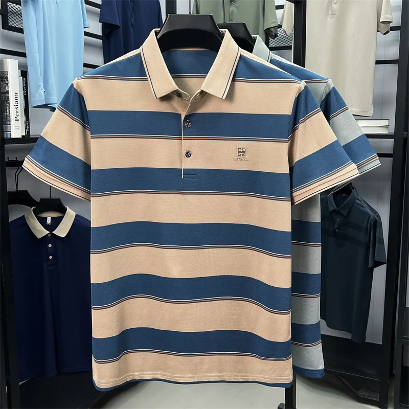 ضوء فاخر مخطط اللون منعت قصيرة الأكمام قميص بولو رمز العلامة التجارية تنقش الراقية عادية الصيف حريري السلس تي شيرت رجالي #4