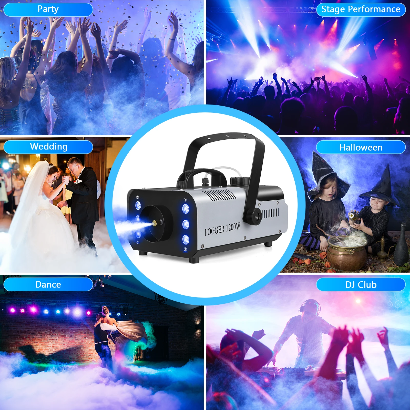 1200W Rookmachine RGB 6LEDs Verlichting Rookmachine Afstandsbediening Podium Rook Haze Generator voor Disco Party Nachtclub bruiloft