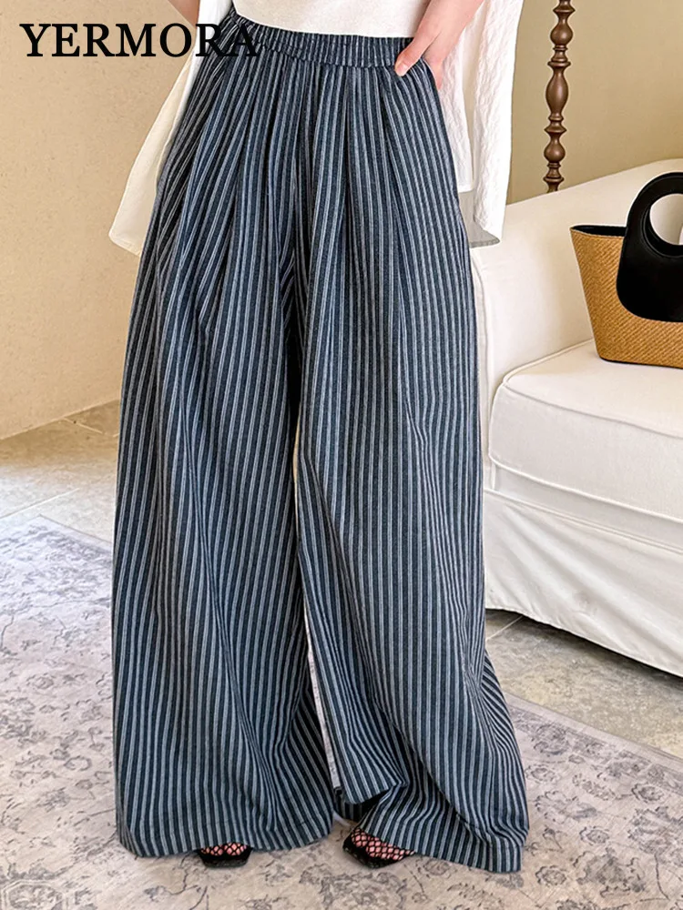 

YERMORA High Elastic Waist Black Striped Casual Wide Leg Pants For Women Loose New Trousers Fashion Tide Spring Summer 2025