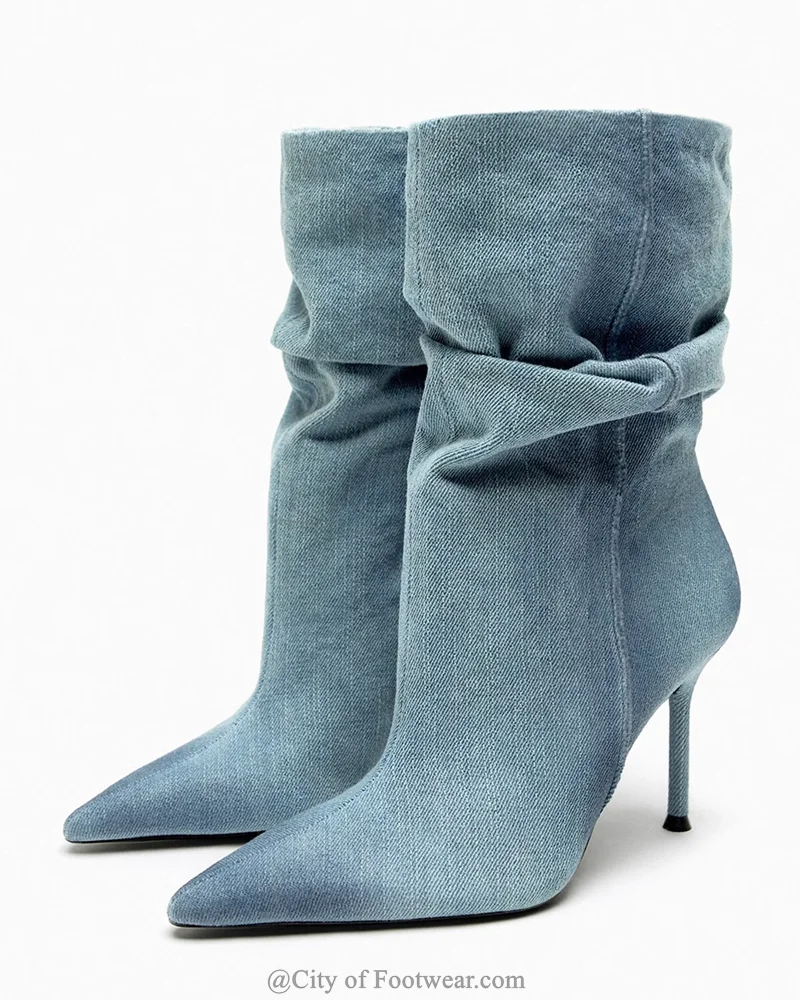 Women Western Blue Denim Ankle Boots Black Pointed Toe High Heels Cowboy Boots Winter New in Luxury Designer Comfy Shoes