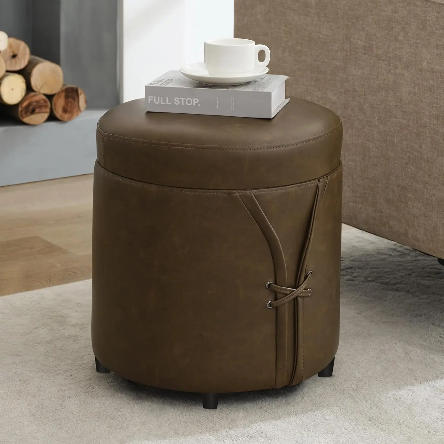 

16.5 H Pu Leather Small Round Storage Ottoman, Modern Upholstered Ottoman With Soft Padded Seat, Chic Round Vanity Foot Stool