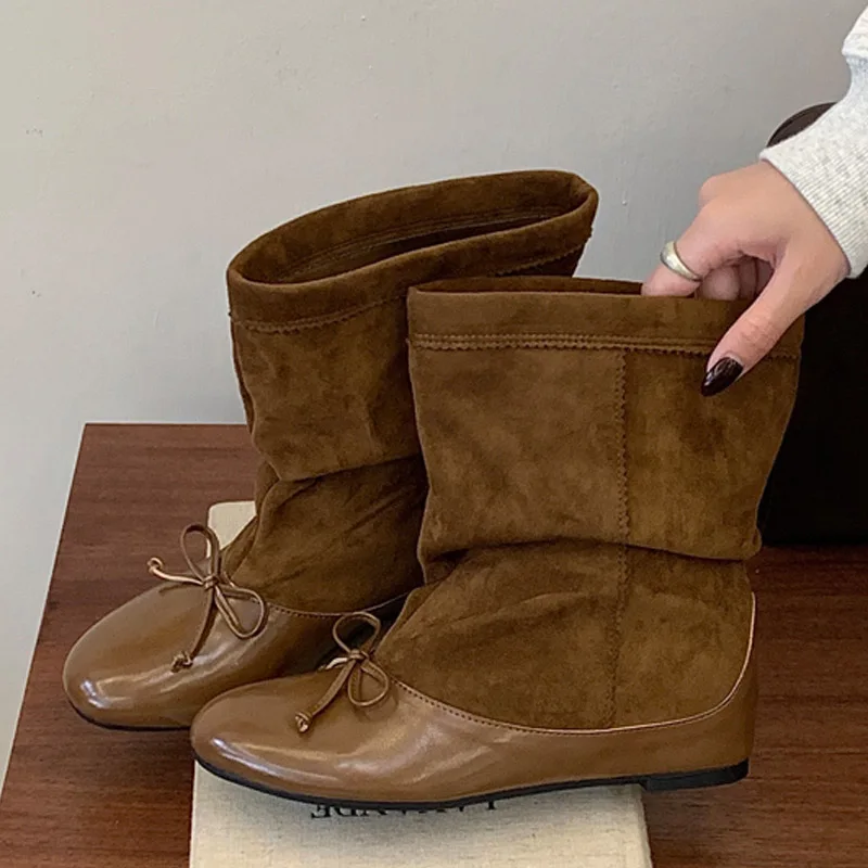 Aneikeh Autumn Winter Women's Splicing Butterfly-kont Round Toe Ankle Boots Vintage Comfortable Low Heels Shoes Booties De Mujer