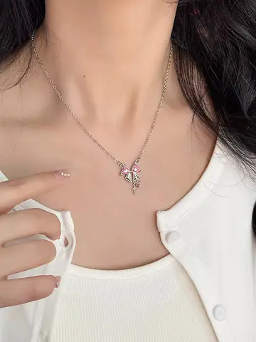 Sweet Pink Bow Necklace Ladies Fashion Sparkling Rhinestone Star Shape Pendant Clavicle Chain Delicate Wedding Accesories