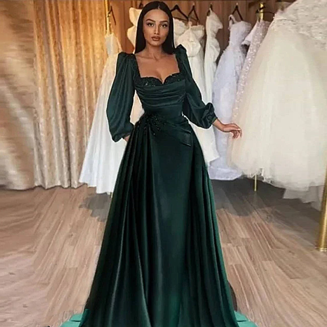Eightale Dark Green Evening Dress for Wedding Party Beaded Long Sleeves Satin Prom Gowns with Detachable Skirt AliExpress