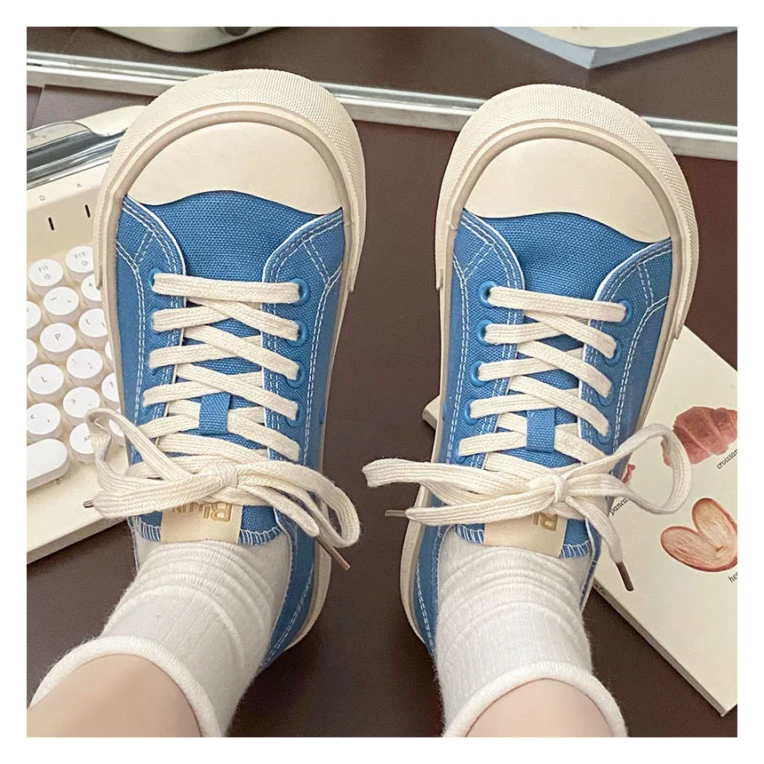 2024 Summer Quality Women Thick Sole Canvas Shoes Wide Toe Female Flat Sneakers Lace Up Students Solid Casual Shoes Tennis Shoes