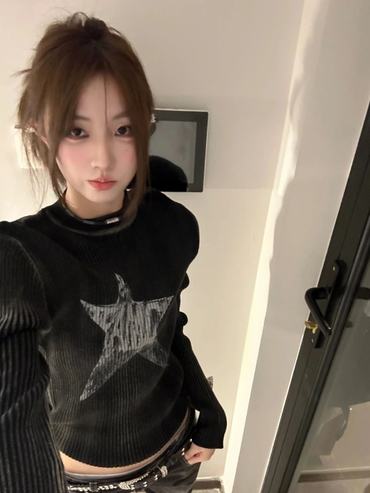 Deeptown Y2K Vintage Star Knitted Sweater Women Harajuku Grunge Black Slim Cropped Pullover Korean Casual Jumper Fairycore Kpop