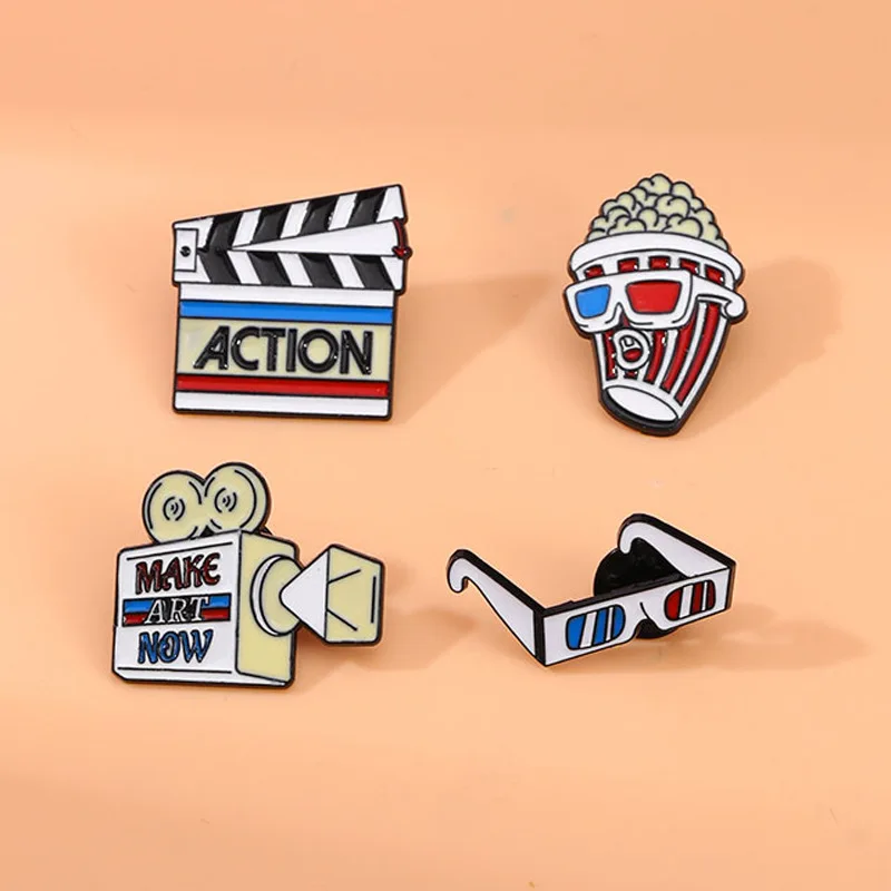 Cartoon Creative Brooch Cinema Element Brooch 3D Glasses Popcorn Projector Board Maker Shape Metal Badge Movie Enthusiast Gift