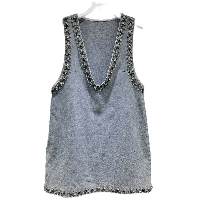 HKSH Summer New Women Ins Trendy Korean Vintage High Street Fashion Sleeveless V-neck Embroidered Flared Denim Mini Skirt HK5534