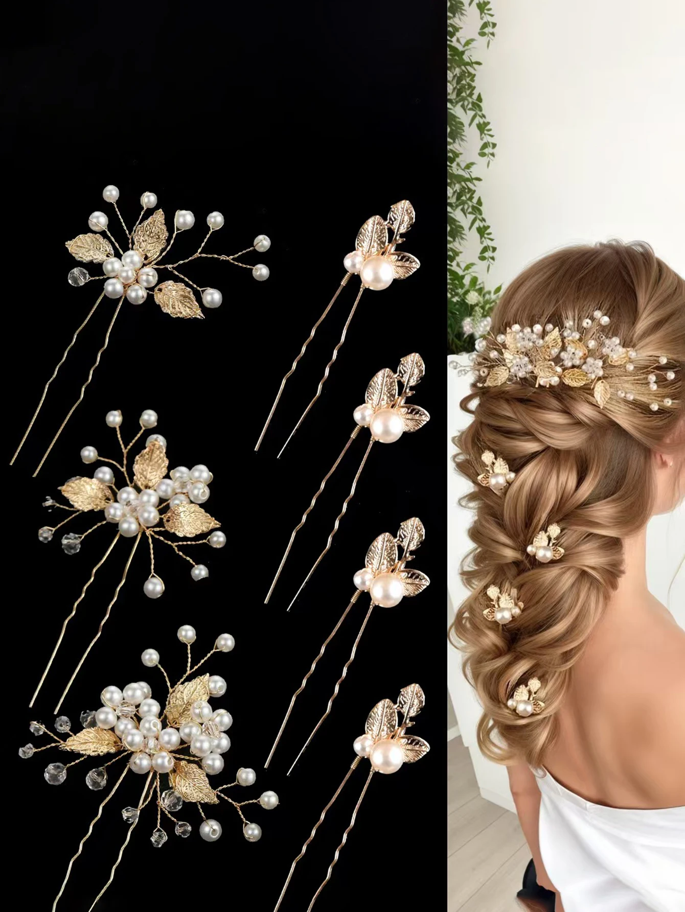 European and American Style Pearl Gold Leaf Hairpin, Elegant Forest-Style Daily Hairpin, Simple Wedding Hairpin Set image 2