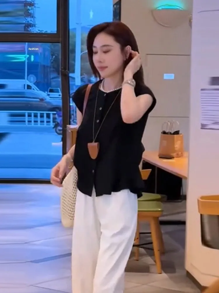 

Новый летний женский топ без рукавов с круглым вырезом и кружевным подолом, универсальный модный топ, свободный крой, смесь полиэстера