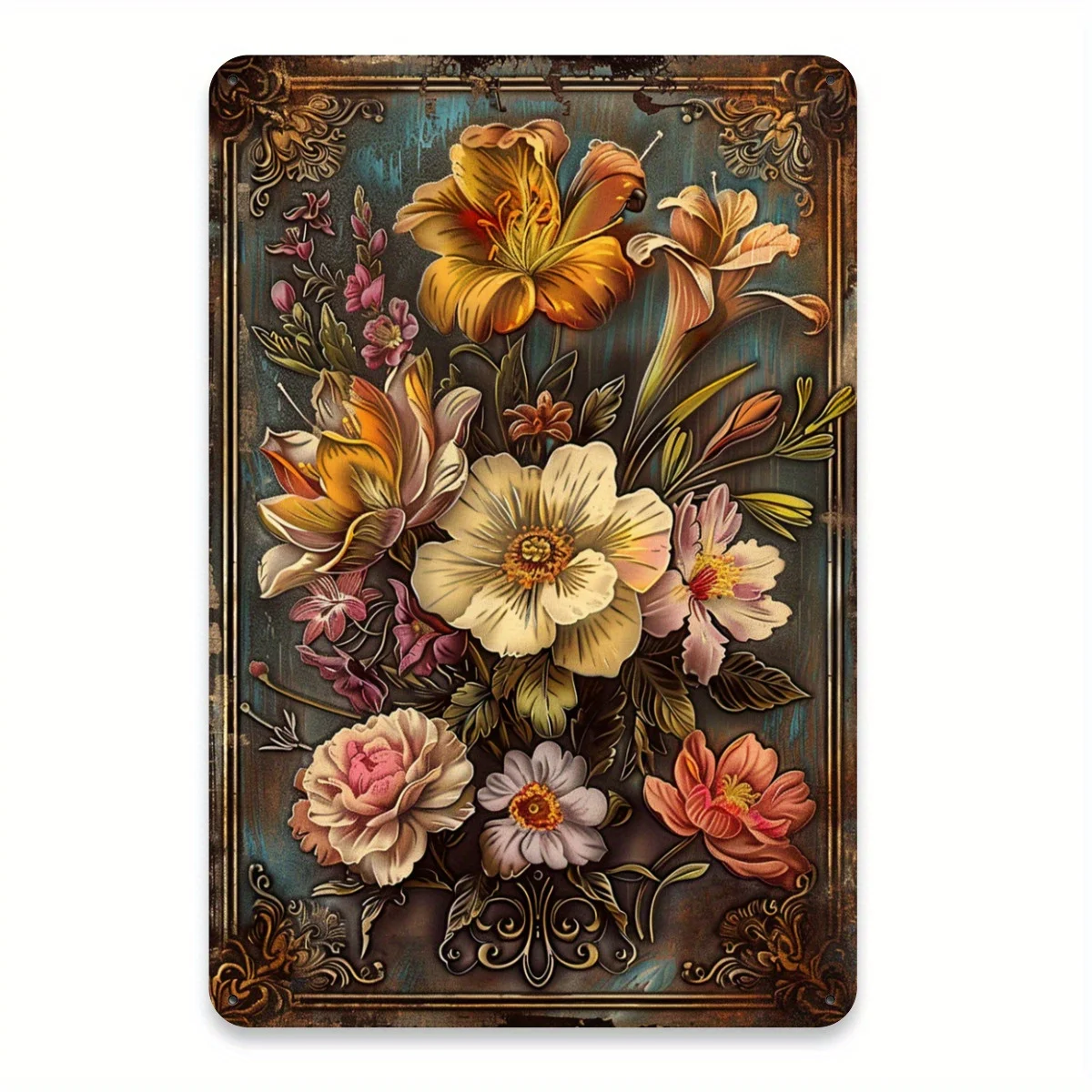 (Placa de Metal 2D) Letreiro Metálico Floral Vintage para Decoração de Parede, Gravado em Chapa de Ferro Retrô para Academia, C