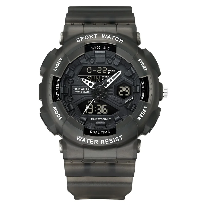 ساعة Timeartx 4370 LED الرقمية الإلكترونية المقاومة للماء، ساعة رياضية رجالية عصرية للأعمال، حزام مطاطي شفاف