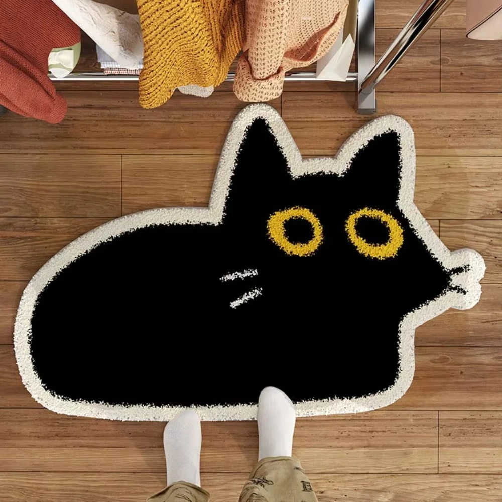 Alfombra de suelo irregular con forma de gato negro, de felpa y franela, para dormitorio, baño, sala de estar, alfombra para la mesita de noche, resistente a la suciedad, decoración del hogar.