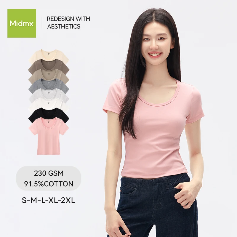 Women's Lycra Cotton Large Round Neck Slim Fit Short-Sleeved 2026 Summer New Style Multi-Color T-Shirt