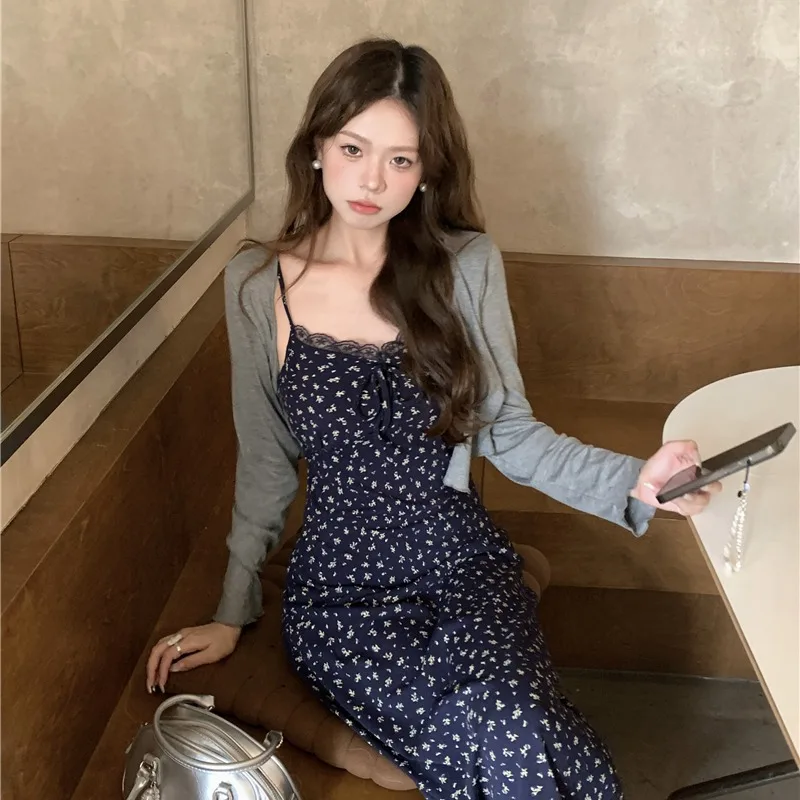 

Korean Style Floral Print Maxi Dress Women's Summer New Knitted Sundress with Cardigan Two-Piece Set Long Sleeve Slim Fit