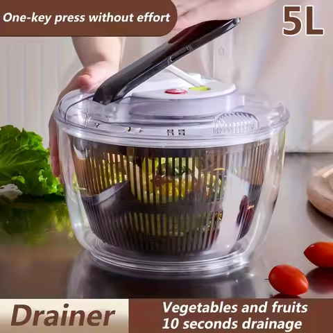 One-Handed Salad Spinner 5L, Easy Press Kitchen Vegetable Fruit Washer - Large Capacity Lettuce Dehydrator, Bowl &amp; Colander Set