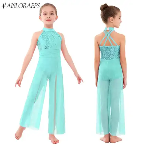 Kids Girls Sleeveless Modern Lyrical Dance Jumpsuit Skating Gymnastics Ballet Acrobatics Costume Sheer Mesh Wide-Leg Jumpsuit